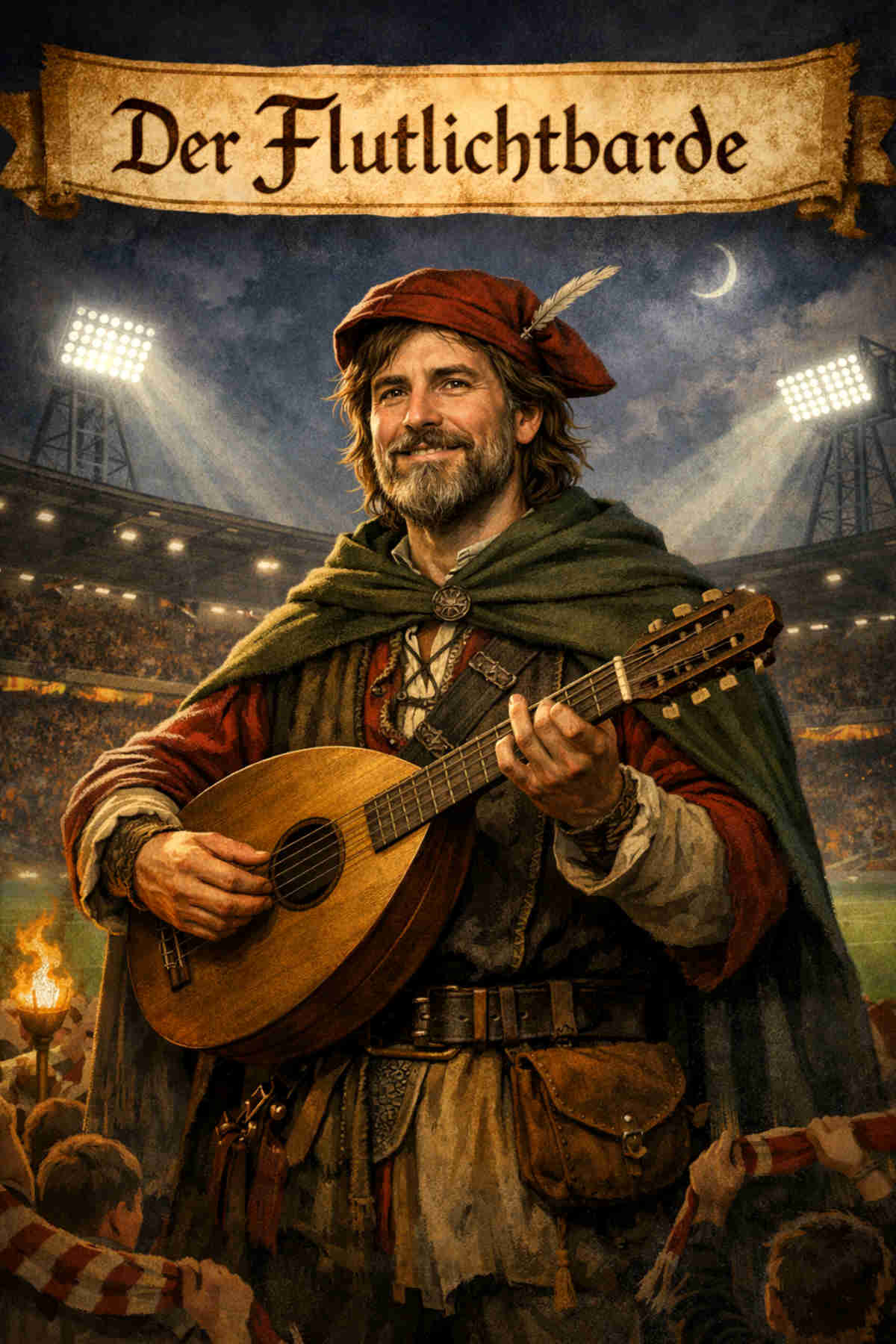 Der Flutlichtbarde vor Flutlichtkulisse